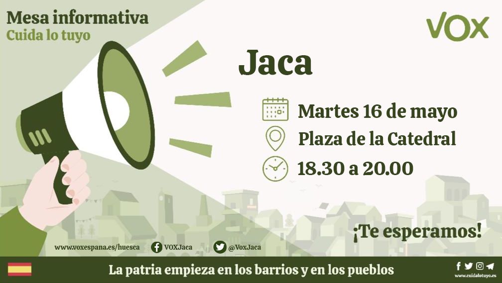 VoxJaca's tweet photo. ¡También en #Jaca volveremos a tener una mesa informativa este martes!
Mañana martes 16 de mayo te esperamos en Plaza de la Catedral de 18.30h a 20.00h. 💪💚

¡Te esperamos!

#CuidaJaca #CiudaLoTuyo https://t.co/pFRy0nf53c