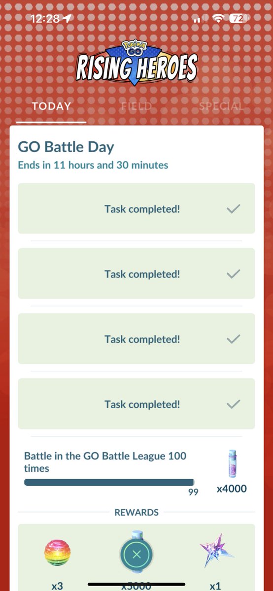 kcmcomics's tweet photo. @PokemonGoApp @NianticHelp please fix your game.  Do 100 battles in 24 hours shouldn’t give an error when I get to 99 that I’ve already maxed out my battles #idiots https://t.co/tC8U6E6ggB