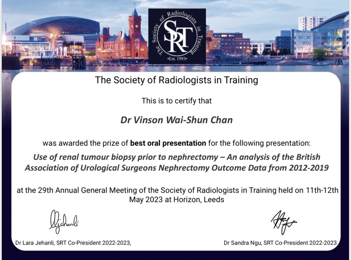 Huge success @_the_SRT annual conference this week!
Congrats @elisalausw and ELIXIR group for special commendation for IR poster!
Best urorad poster for our VISION IPDMA! @UCLDivofSurgery @PrimeMRI
Best oral presentation on our renal tumour biopsy work! @TzeWah1 @LeedsMedHealth