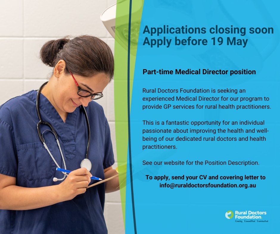 Rural Doctors Foundation is seeking a Medical Director for an exciting new initiative.  To find out more, visit our website or to apply, send your CV and covering letter to info@ruraldoctorsfoundation.org.au no later than 19 May.

#ruralhealth  #positionsvacant