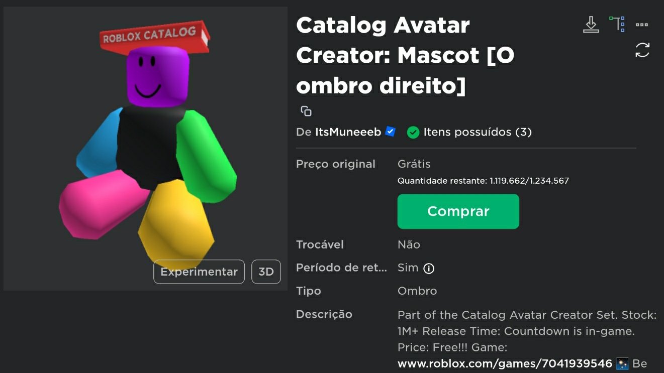 RTC em português  on X: FUTURO ITEM GRÁTIS UGC LIMITED: 🏷️ Catalog Avatar  Creator: Mascot [Ombro direito] 🚛 1.000.000 de cópias ⏰ Domingo, 14 de  maio às 18h BRT   /