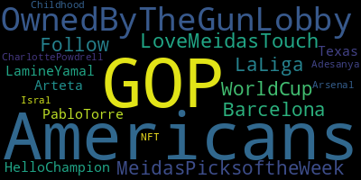 Trending in my timeline now:  #GOP (5)  #Americans (5)  #OwnedByTheGunLobby (5)  #LoveMeidasTouch (1)  #MeidasPicksoftheWeek (1)  #Follow (1)  #WorldCup (1)  #LaLiga (1)
