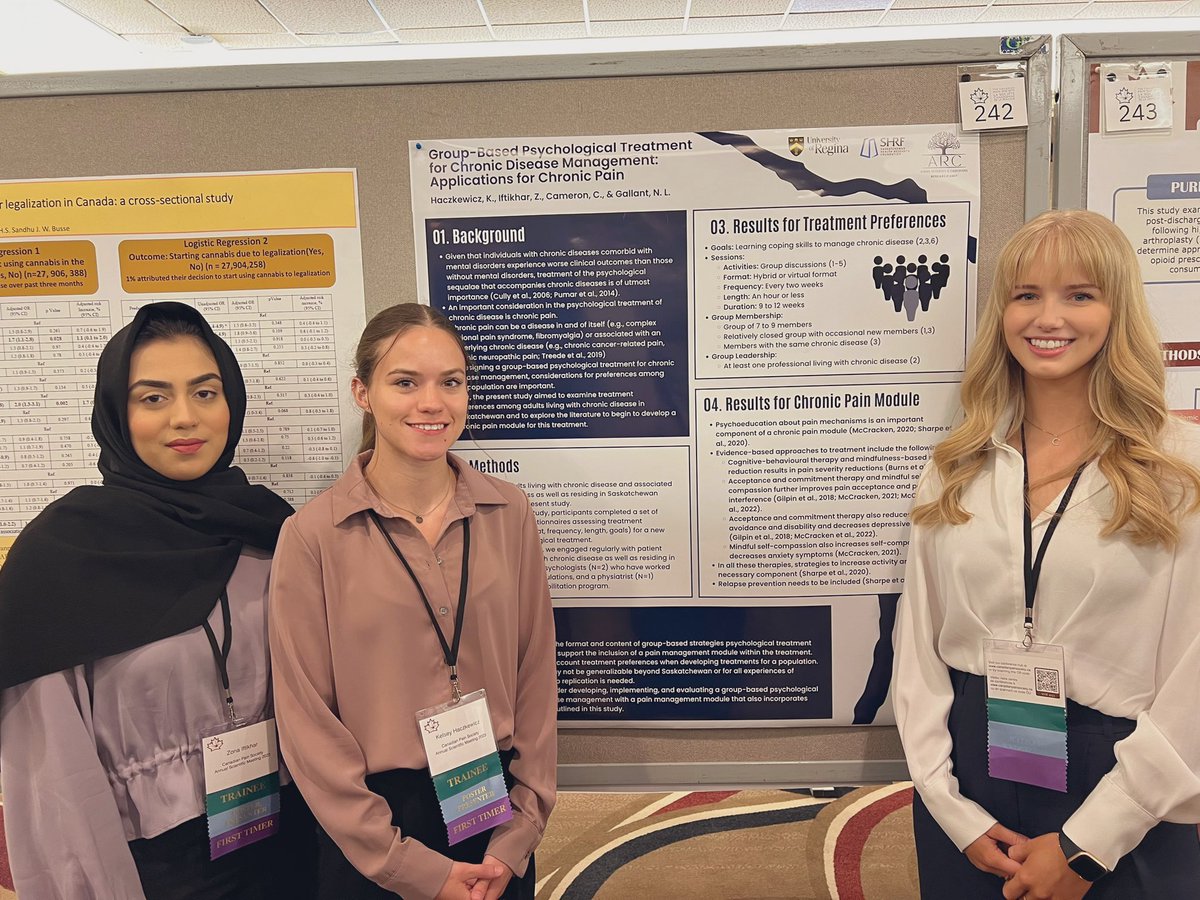Feeling blessed to have had the opportunity to attend and present our poster on group-based psychological treatment for chronic disease management at the Canadian Pain Society Conference last week with my lab mates (and friends) Zona and <a href="/kelseyhazzy/">Kelsey Haczkewicz</a>! 🎉 #CanadianPain2023