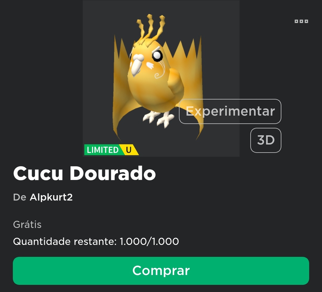 RTC em português  on X: ÚLTIMAS NOTÍCIAS: O primeiro LimitedU UGC do  Roblox foi colocado a venda no catálogo! Ele tem 500 cópias de estoque e  custa 5 mil robux. 💰