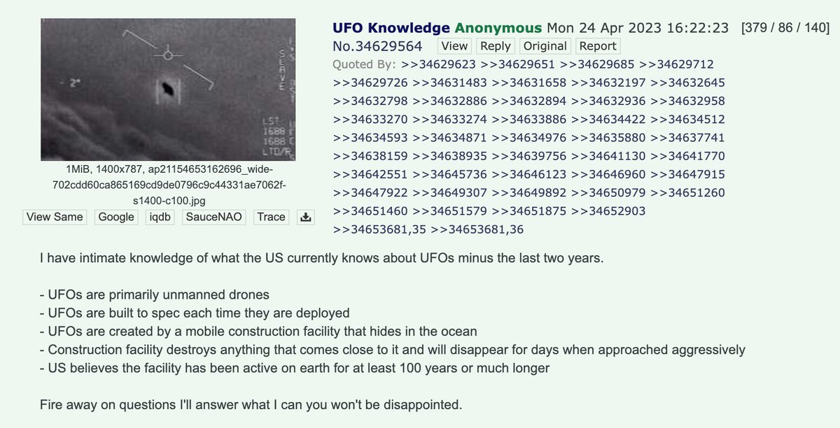 OffworldUfo's tweet photo. Anonymous person claiming to know about #UAP studies by U.S. government answers questions in this lengthy thread. Says most #UFO are unmanned, created by impregnable underwater mobile production unit. What do you think? #ufotwitter #uaptwitter  
https://t.co/Hi2fdajXY8 https://t.co/ZNEMMse9O9