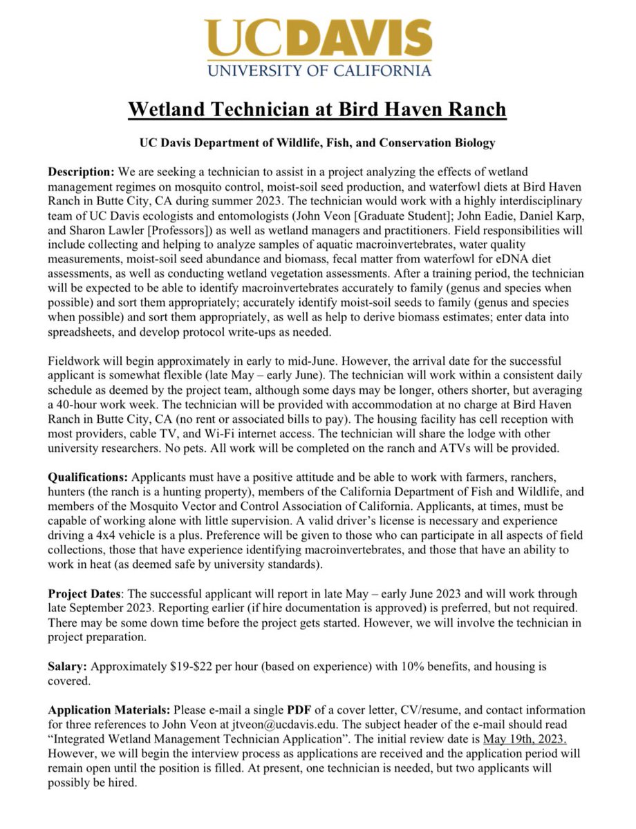 I am in search of a lab/field tech (potentially two) for my PhD research! I encourage you to apply if interested!This position is ideally for someone who has finished undergrad (or will May/June 2023) and has an interest in wetlands, waterfowl, or aquatic invertebrates.