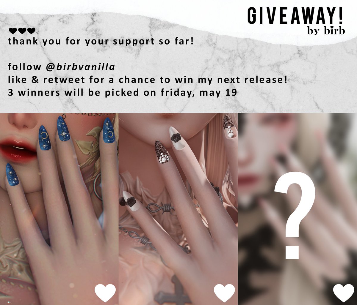 birbvanilla's tweet photo. doing a small giveaway for my followers (!) 🫶
🖤 like &amp; retweet this post for a chance to win my next nail release
🖤 will be picking 3 lucky winners this friday (may 19) https://t.co/TPYAtpDbQH