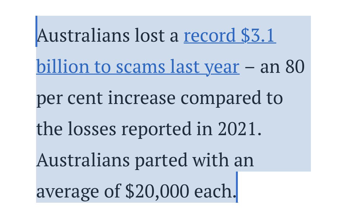 Jeff Gilling (@jeffgilling) on Twitter photo Hi <a href="/AnnaPattySMH/">Anna Patty</a>
Please could you explain your working for the statement in the <a href="/smh/">The Sydney Morning Herald</a> that āAustralians parted with an average of $20K each.ā
My calculator says $3.1B divided by 26M is just $119.23
#scammers
smh.com.au/business/workp⦠Hi <a href="/AnnaPattySMH/">Anna Patty</a>
Please could you explain your working for the statement in the <a href="/smh/">The Sydney Morning Herald</a> that āAustralians parted with an average of $20K each.ā
My calculator says $3.1B divided by 26M is just $119.23
#scammers
smh.com.au/business/workpā¦