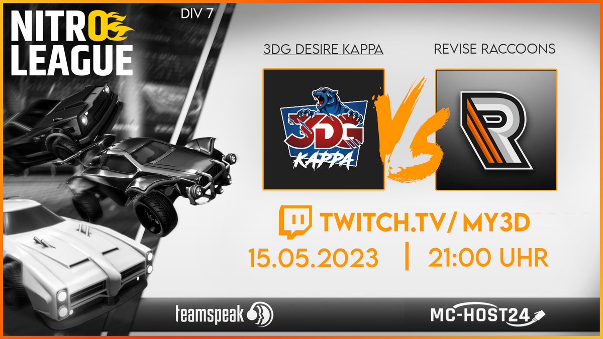 Einer geht noch ... Montag ist dann aber wirklich Schluss mit <a href="/NitroLeagueRL/">Nitro League Legacy</a>? 

⚔️ 3DG Desire Kappa vs Revise Raccoons
⏱️ Montag - 21:00 Uhr
🎙️ SoDerFreddy
➡️ twitch.tv/my3d ⬅️

#RocketLeague #esport #TwitchDE #live #stream 
<a href="/3dGaming_org/">3D-Gaming</a>