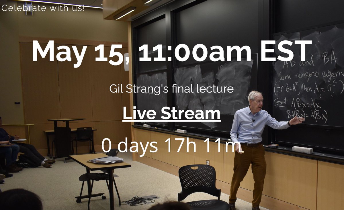 Steven Strogatz (@stevenstrogatz) on Twitter photo You may know Prof. Gil Strang's famous book "Linear Algebra and Its Applications," or you may have watched his Linear Algebra (18.06) lectures at <a href="/MIT/">Massachusetts Institute of Technology (MIT)</a> on YouTube.
Gil's final lecture will be live streamed tomorrow at 11 am EST. Join the celebration at grinfeld.org/strang/ You may know Prof. Gil Strang's famous book "Linear Algebra and Its Applications," or you may have watched his Linear Algebra (18.06) lectures at <a href="/MIT/">Massachusetts Institute of Technology (MIT)</a> on YouTube.
Gil's final lecture will be live streamed tomorrow at 11 am EST. Join the celebration at grinfeld.org/strang/