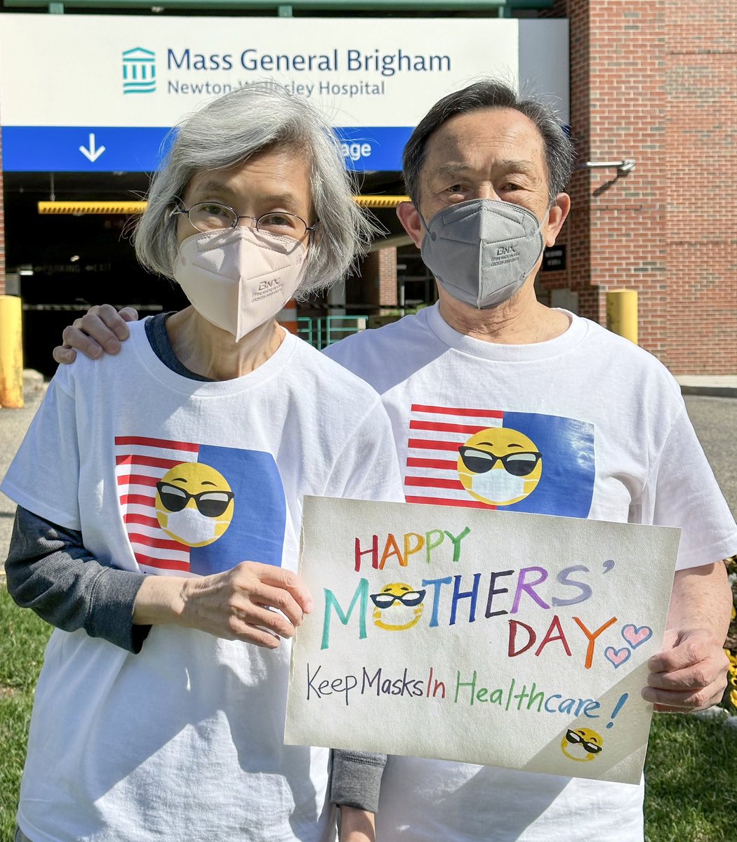 “We’re grateful to our docs & nurses. It’s smart to #KeepMasksinHealthcare 😷Who wants to get sick? We will wear our masks to keep you safe. We know you will do the same for us.”My Mom & Dad (both bivalent-boosted 2X) holding a sign to wish all #FrontlineHeroes #HappyMothersDay