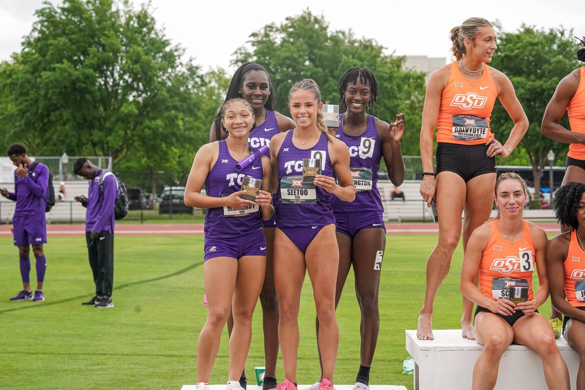 The women's 4x400 team runs a season-best 3:37.54 to finish in seventh 💪

#GoFrogs | #Big12TF