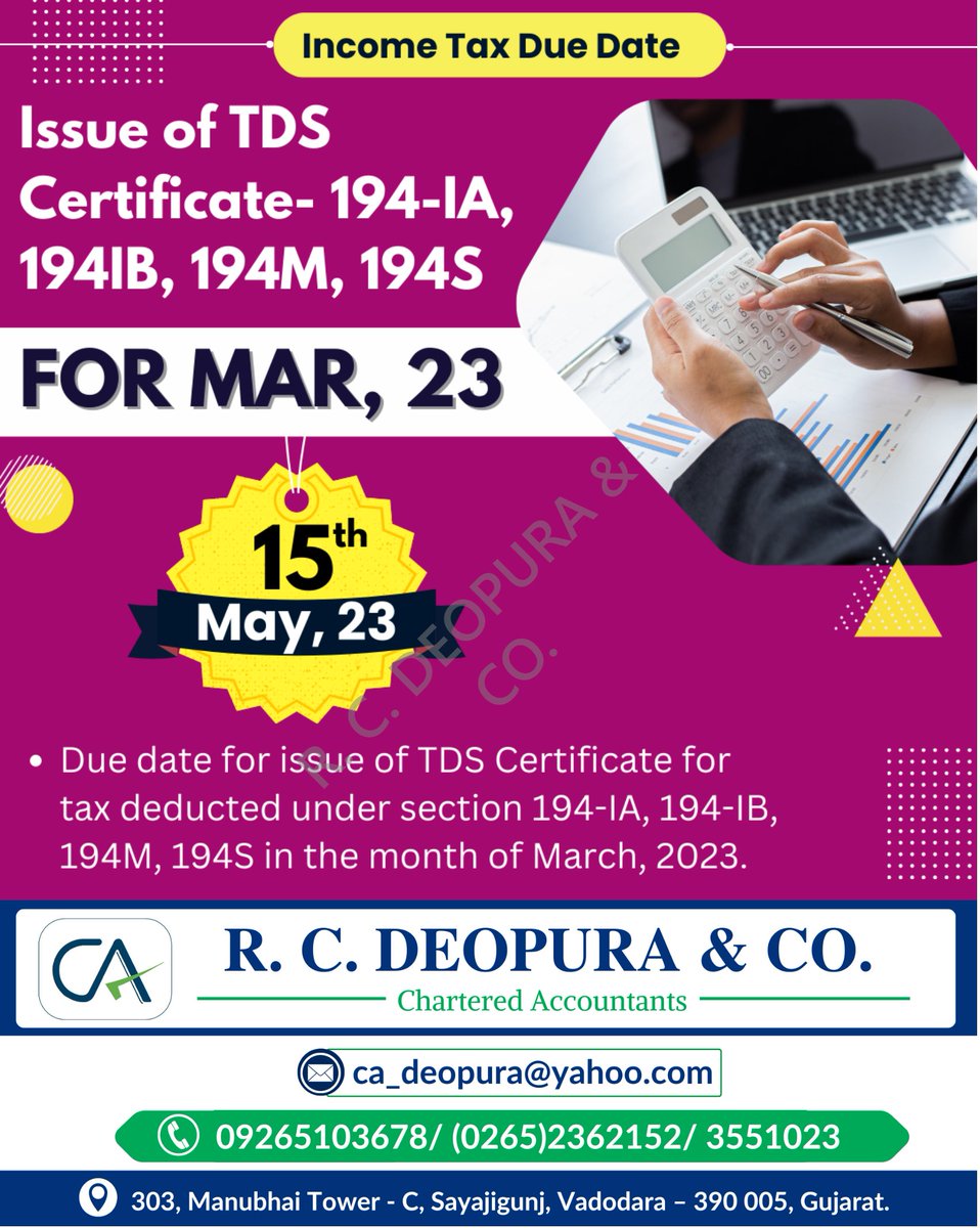 beingakashdeo's tweet image. Raining #DueDates Today. Total 5 Compliance Due Dates.
1. PF+ESIC: Kindly deposit on time to avoid IT disallowance;
2. #TCSReturn;
3. TDS Certificate u/s. 194-IA, 194IB, 194M, 194S;
4. Form 24G to be furnished by an office of the Govt.; and
5. Form No. 3BB by a #StockExchange.