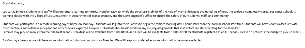 LL_Schools's tweet photo. Remote learning Mon., May 15 due to bridge incident. If your child has already turned in their device, you will be hearing from your teacher for learning activities. @DVEJaguars @AnnElementary @DelderDeborah @LLS_SPSV @LLHSTigers @vhsjags @lunas_los @VCNewsBulletin @lls_edtech_ https://t.co/alsuLDr2wq