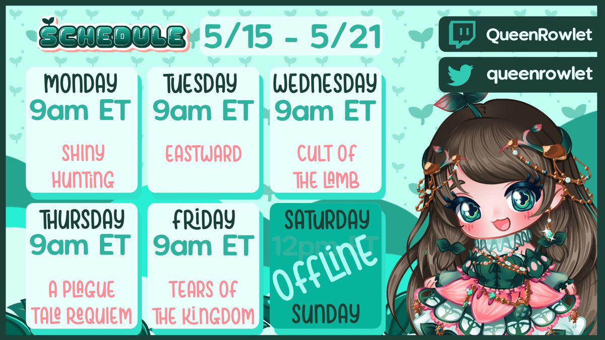Here is the stream schedule for the upcoming week!! I’m excited to dive into a new game Eastward on Tuesday!! AND I have been playing Tears of the Kingdom off stream, so I’ll be able to show what I’ve been up to!🌱