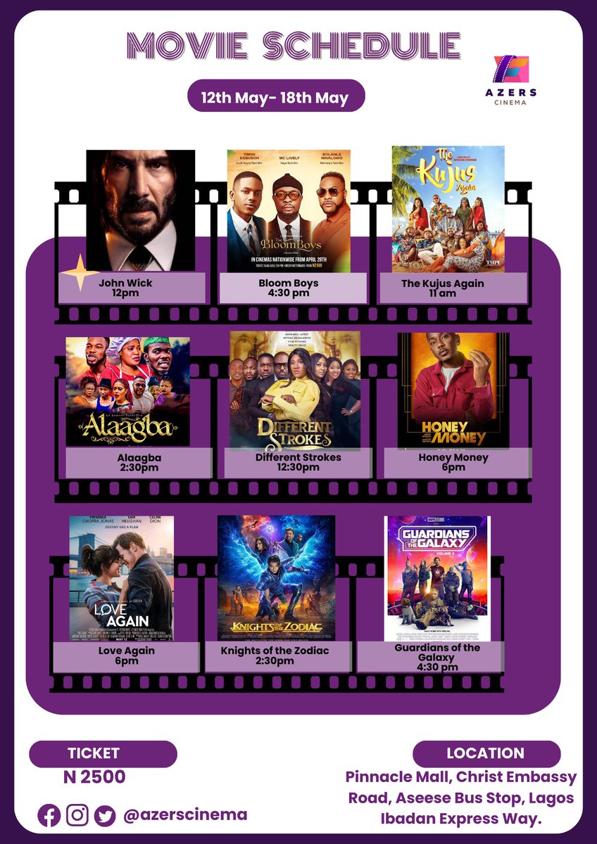 AzersCinema's tweet photo. New movie schedule is out💃. This week, say NO to boring moments. Gift yourself a movie treat. You deserve it and that's why we are here for you❤
SEE YOU🤗
#Azerscinema
#ogunstate
#moweibafo
#aseese https://t.co/LXNqjg7xMM