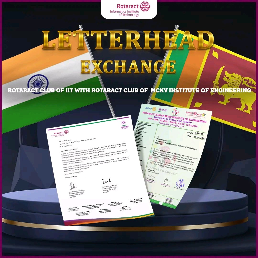 We, the Rotaract Club of IIT, are pleased to inform that we have exchanged a letterhead with the Rotaract club of MCKV Institute of Engineering.
#Rotaract #Rotaract3220 #LearnServeandStrive #ImagineRotary #ServeToChangeLives #InternationalVoluntary #Rotaractinternational #RACIIT