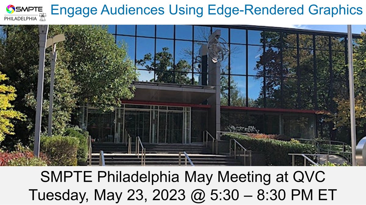 #PleaseJoinUs <a href="/smpteconnect/">SMPTE ®</a> <a href="/philasmpte/">SMPTE Philadelphia Section</a> on 5/23/2023 @ 5:30 PM ET for a #free #SMPTE meeting #onsite at <a href="/QVC/">QVC</a> Studio Park in West Chester, PA. We will tour QVC’s studios and have a presentation <a href="/EvertzTV/">Evertz Microsystems</a> on OTT Edge-rendered Graphics. Please #RegisterNow tinyurl.com/2x3rrnm7