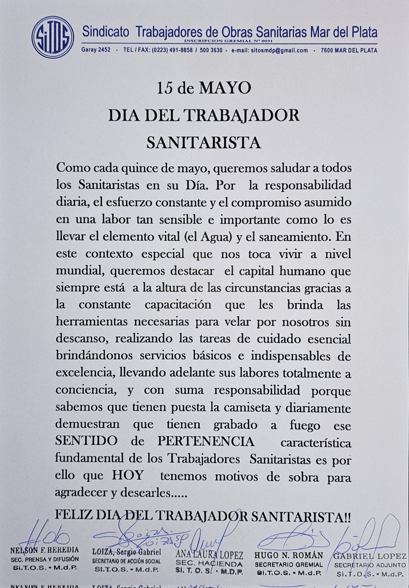 sitosmdp's tweet photo. Con Motivo del Día del Trabajador Sanitarista compartimos una nota realizada al Secretario General Daniel Díaz donde  saluda a todos los Compañeros Sanitaristas en su Día.... https://t.co/XZVK0kRF6B