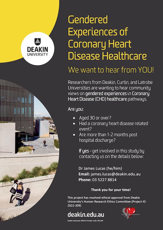 Can you help improve the healthcare experiences of people with coronary heart disease? IHT researchers are seeking people diagnosed with #CHD to take part in online focus groups. Participants will be reimbursed for their time. More info: james.lucas@deakin.edu.au (<a href="/drjameslucas1/">Dr. James Lucas 🏳️‍🌈</a>)