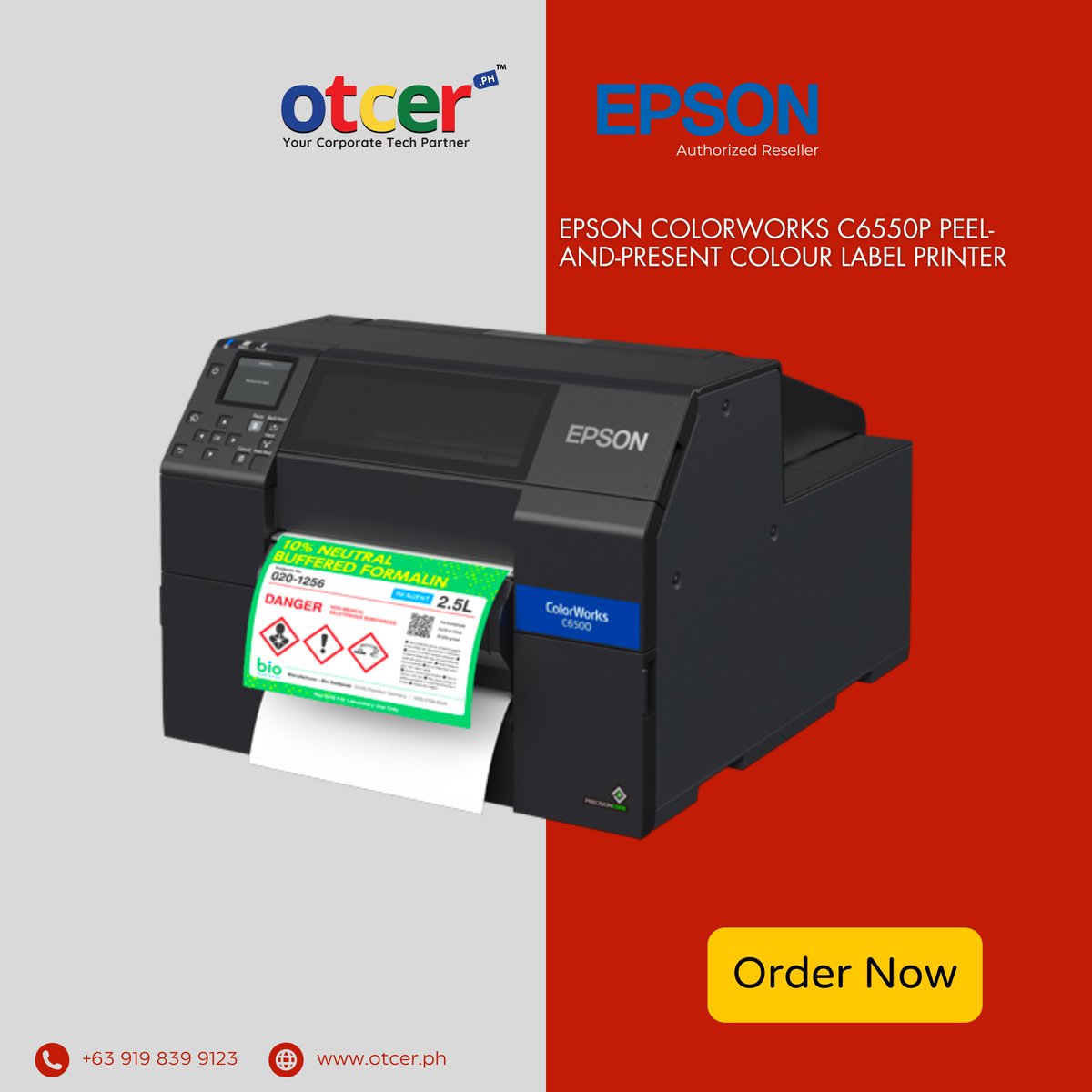 Epson ColorWorks C6550P defines the future of label printing. Its Peel-and-Present feature ensures superior performance in label production. Secure this for Php 237,995.00 at otcer.ph. For inquiries, please call us at +63 919 839 9123. #FutureOfPrinting #OtcerPH