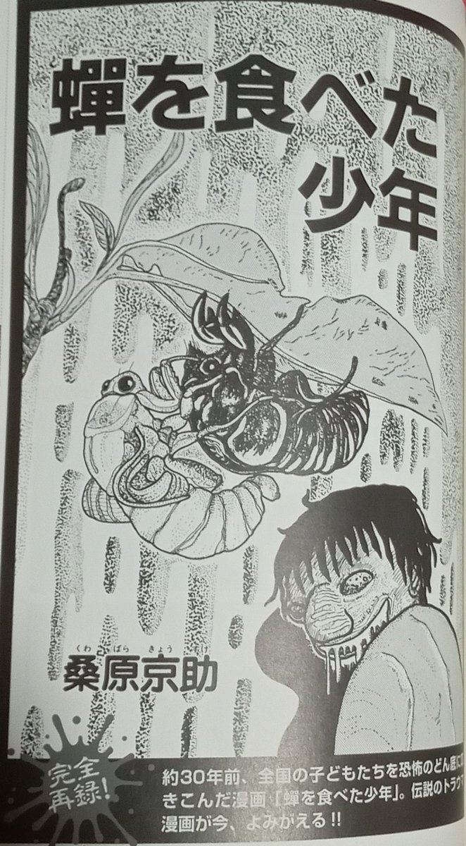 緑の五寸釘 on X: 作者も掲載誌も不明で、ただ少年がセミを食う漫画を読んだトラウマだけが人々の記憶に残り続けたまさに伝説のホラー漫画、桑原京助「蝉 を食べた少年」正体が判明してから再録されまくり、単行本でも読めるようになった。これを見つけたのはフォロワーで ...