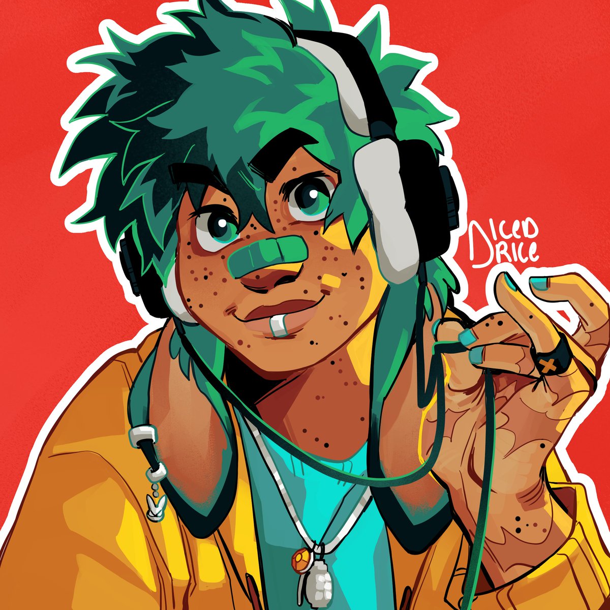 1boy male focus solo headphones red background green hair freckles  illustration images