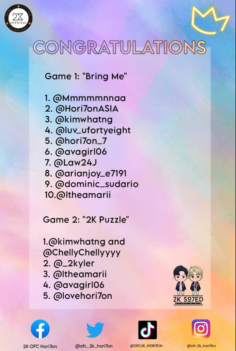 ofc_2k_hori7on's tweet photo. Congratulations to everyone who participated and enjoyed our games last night. 

Here’s the list of the winners. 

To claim your prize, DM @ofc_2k_hori7on twitter account.

Again thank you, all!

HAPPY 2K DAY
#2KDay 
#HORI7ON_KIM 
#HORI7ON_KYLER https://t.co/QeF8TobjMF