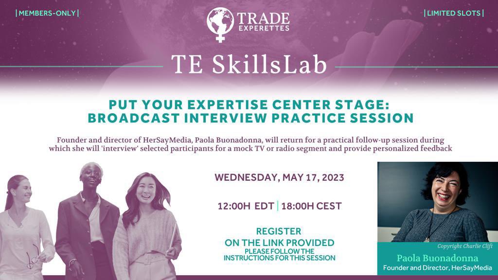 TradeExperettes's tweet photo. Join our upcoming #TESkillsLab: Broadcast Interview Practice Session 
📅 May 17 ⏰18:00H CEST. 

After sharing with us some of the #HerSayMedia tools and tricks to nail a broadcast interview, Paola Buonadonna [@Peebi] will return for a practical follow-up session.

(Members-only) https://t.co/a5sdf7pHjP