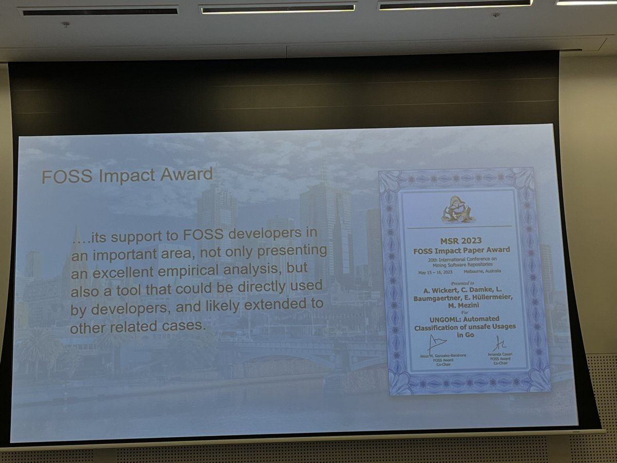 Congrats <a href="/akwickert/">Anna-Katharina Wickert</a> <a href="/m_mezini/">Mira Mezini</a> on the #msr2023 FOSS impact award :)