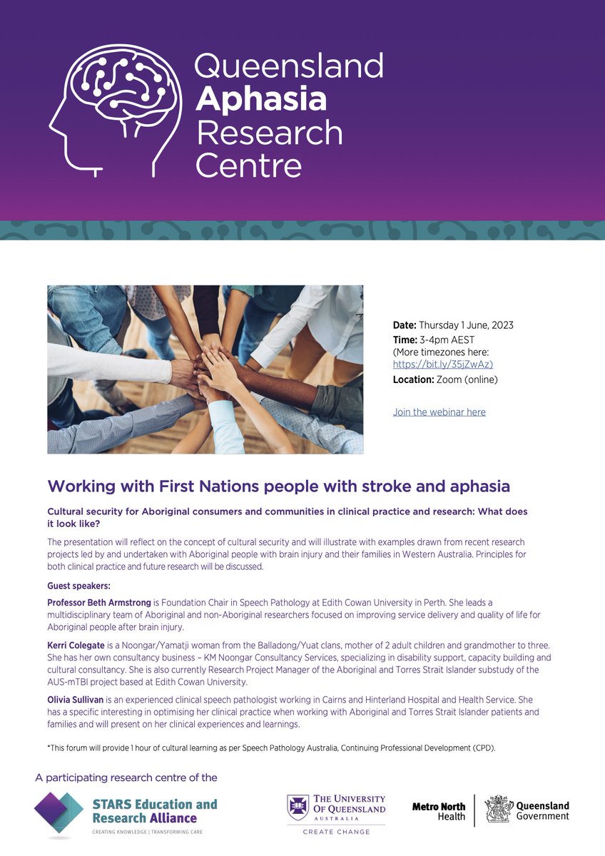 Aphasia_UQ's tweet photo. Join us for the #QARC Clinical Forum: “Working with First Nations people with stroke and #aphasia”. Thursday 1st June, 2023; 3pm Australian EST . Join here: https://t.co/qDP2IqVcXV https://t.co/WuLUEVW4id