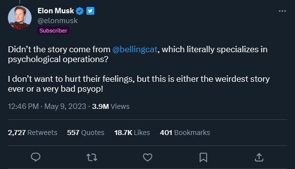 dappergander's tweet photo. that would be like if you joined Twitter for the first time this week and concluded it had been created for the *purpose* of having Elon Musk support right-wing vigilantism and advance conspiracies about Bellingcat

2/2 https://t.co/yGlWmX93fN