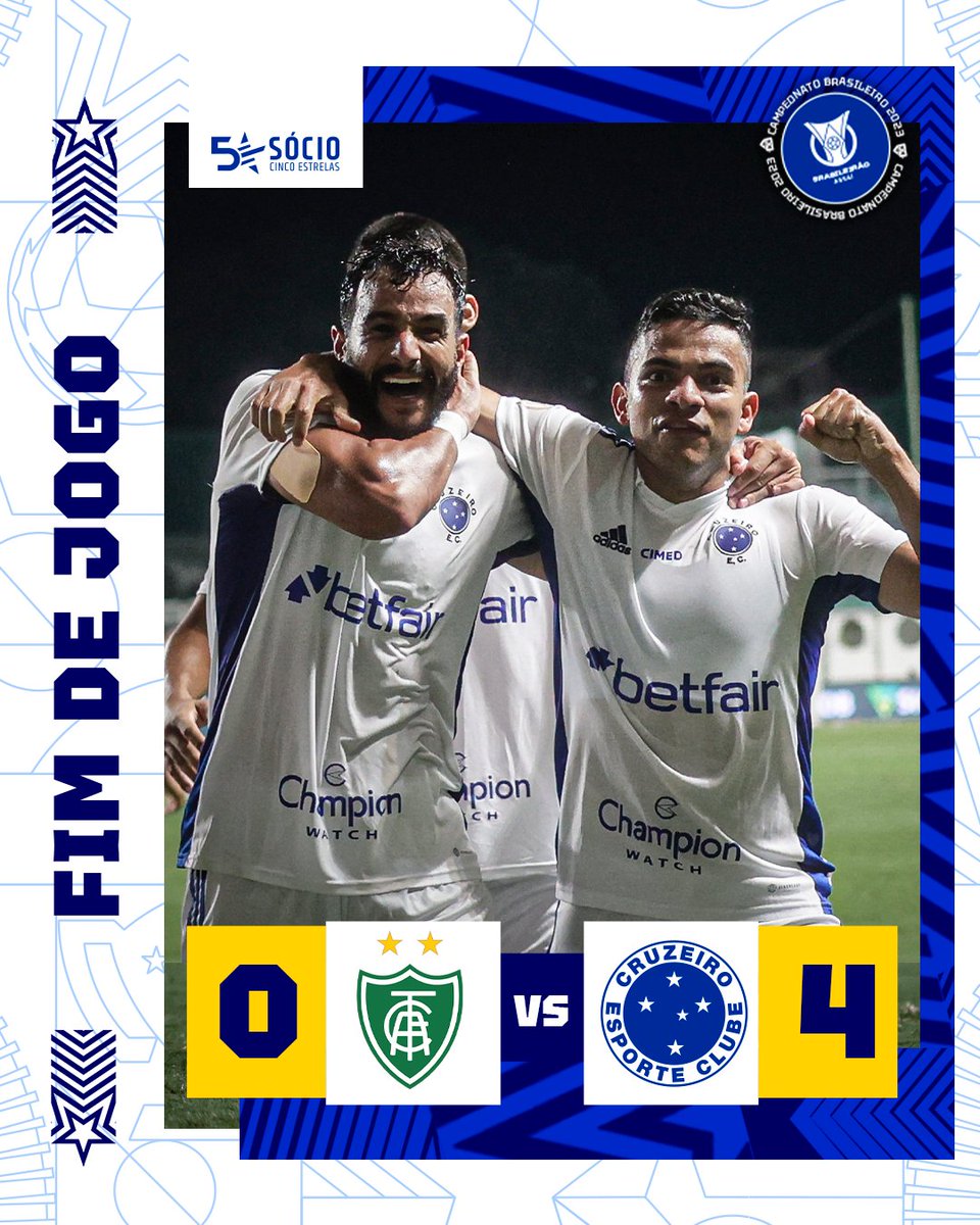 GOLEADA NO CLÁSSICO!!!
⚽ Gols de Dourado, Marlon e dois de Gilberto.
+ 3 pontos, Nação!
🔷 #AFCxCRU | 0-4 |  🔷 #FechadoComOCruzeiro