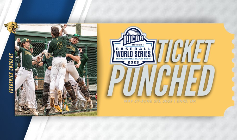 🎟️👊The Cougars ticket is punched to Enid, OK!

Frederick earned a spot in the 2023 #NJCAABaseball DII World Series by winning the Mid-Atlantic District. 

njcaa.org/sports/bsb/202…
