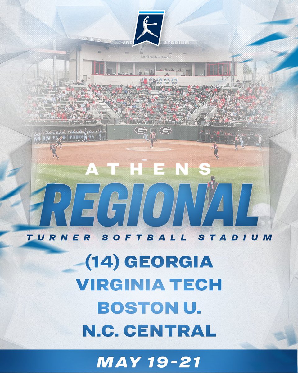 NCAASoftball's tweet photo. Athens Regional
📅 May 19-21

(14) @UGASoftball
@HokiesSoftball
@TerrierSoftball
@NccuSoftball 

#RoadToWCWS