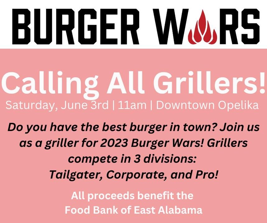 Saturday June 3rd - Burger Wars - Downtown Opelika 11 am
#burgerwars #opelikaal #auburnal #opelikarotary #competition #funtimes #opelikahappenings