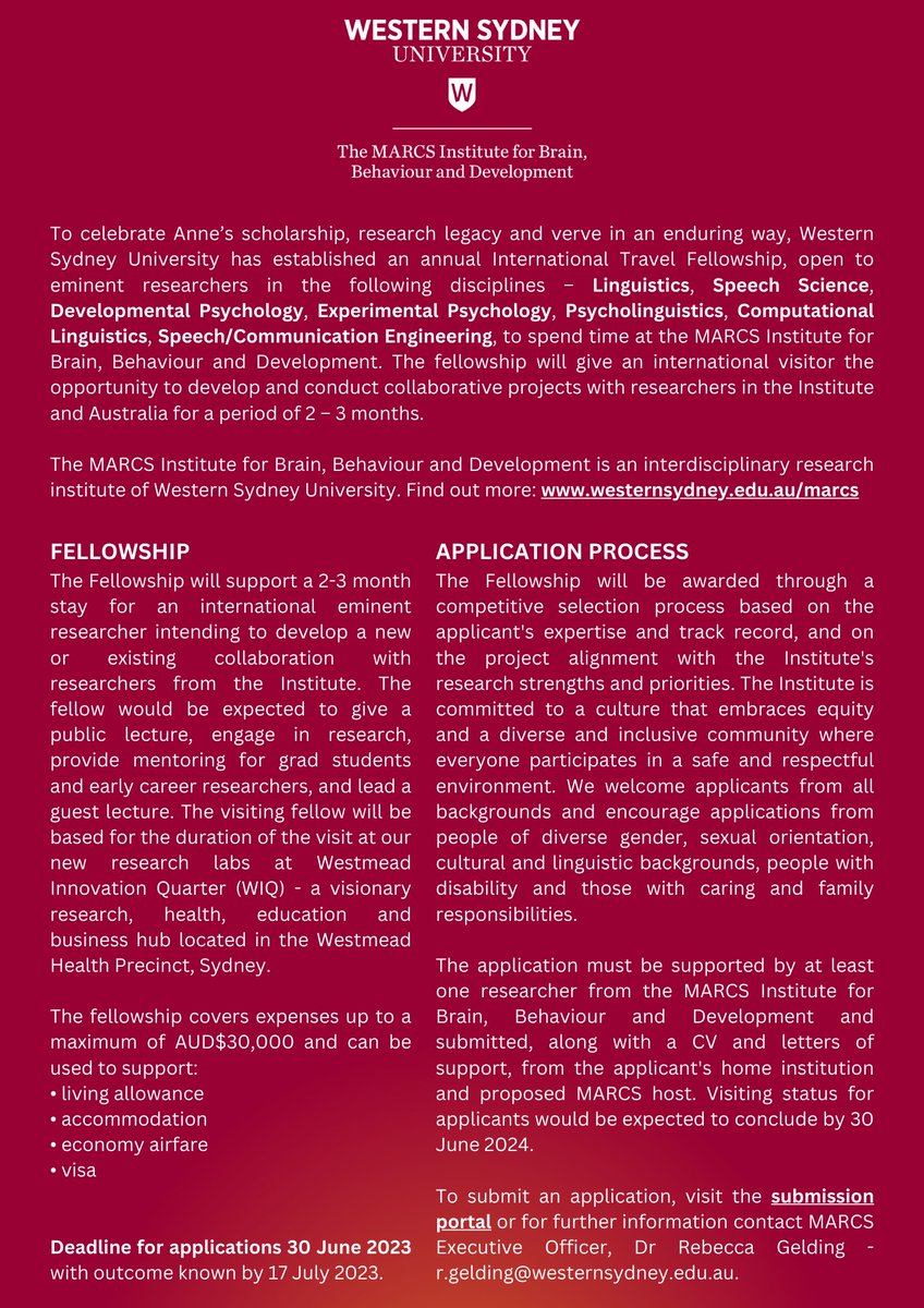 The MARCS Institute (@marcsinstitute) on Twitter photo Announcing the inaugural Anne Cutler International Visiting Fellowship - celebrating Anne’s research legacy & verve by supporting an eminent international visitor to <a href="/MARCSInstitute/">The MARCS Institute</a>. Apply by 30 Jun 2023: tinyurl.com/AnneCutlerFell… Announcing the inaugural Anne Cutler International Visiting Fellowship - celebrating Anne’s research legacy & verve by supporting an eminent international visitor to <a href="/MARCSInstitute/">The MARCS Institute</a>. Apply by 30 Jun 2023: tinyurl.com/AnneCutlerFell…