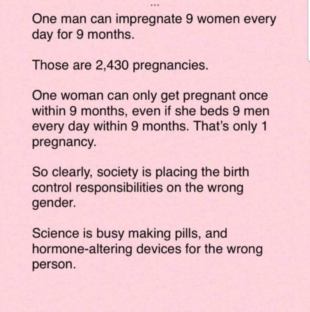 frucas322's tweet photo. @Gz11606Blue @mogremom I’ll go even further.  All men should get a vasectomy until marriage. Sperm can survive for up to 72 hours and without the physical contribution of a man during sex, a woman wouldn’t get pregnant.  Snip, snip! https://t.co/g4v9nAuTIs