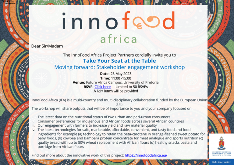 Food Security SA (@foodsecurity_za) on Twitter photo #AfricaMonth | InnoFood Africa, a multi-country and multidisciplinary collaboration funded by the European Union, and a CoE-FS project, invites you to “Take your seat at the table – Moving forward: Stakeholder engagement workshop”. More here: bit.ly/42s6aNr
<a href="/UPTuks/">University of Pretoria</a> #AfricaMonth | InnoFood Africa, a multi-country and multidisciplinary collaboration funded by the European Union, and a CoE-FS project, invites you to “Take your seat at the table – Moving forward: Stakeholder engagement workshop”. More here: bit.ly/42s6aNr
<a href="/UPTuks/">University of Pretoria</a>
