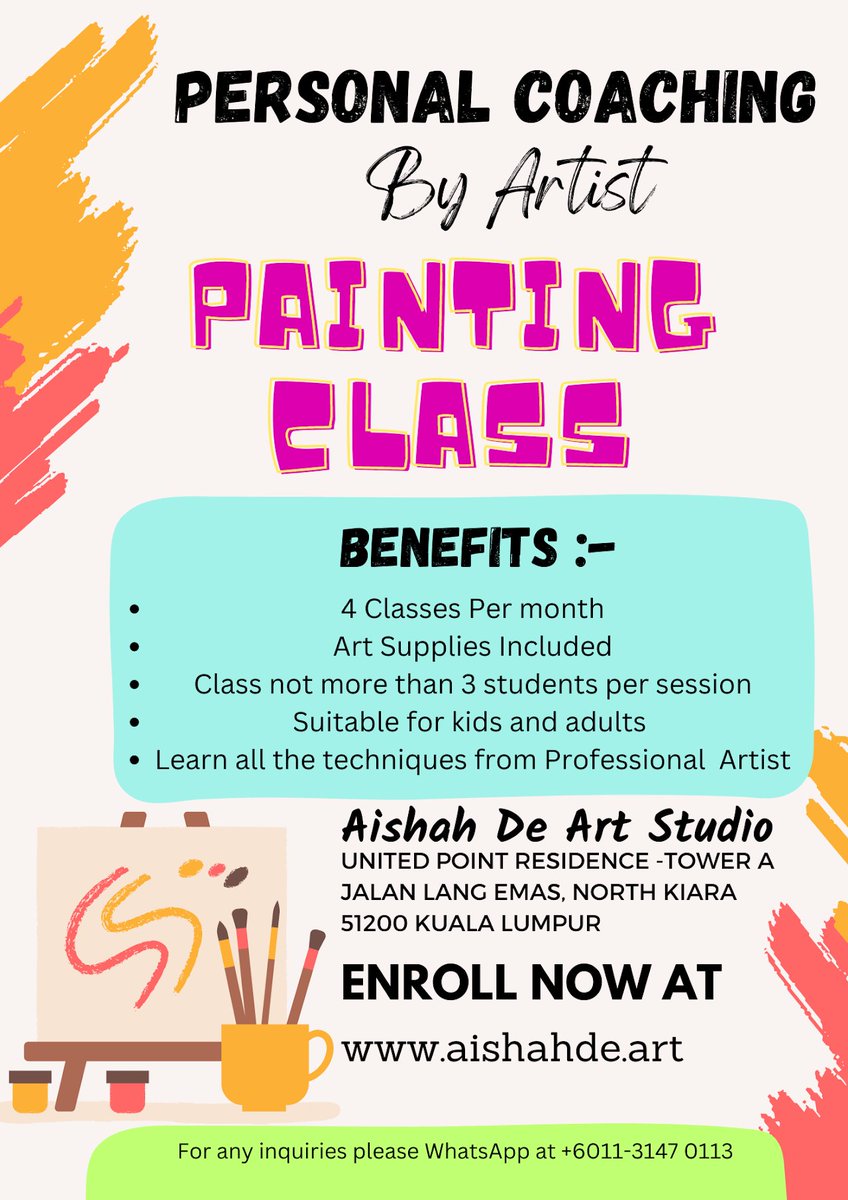 Hi all , 
Are you looking for a personal coaching painting class for your kids or yourself?..  Register at aishahde.art 

#artclass #artwork #personalcoaching #painting