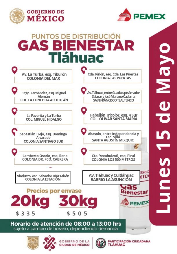 GobiernoTlahuac's tweet photo. Mañana #15DeMayo en #Tláhuac ubica la ruta del #GasBienestar en Col. #LasPuertas, San Fco. #Tlaltenco, entre otros puntos; con cilindros seguros y combustible rendidor, en apoyo a tu #EconomíaFamiliar. En #PuntoDeVenta fijo de 8-10hrs y posteriormente, de manera itinerante https://t.co/RwjbDDvDtI