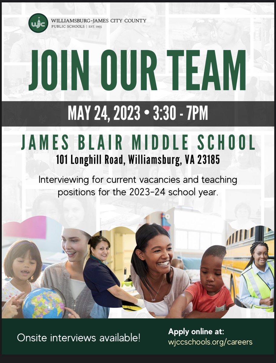Come join our team! Hiring event on 5/24 from 330pm to 7pm. Please reach-out the with questions! #WeAreWJCC