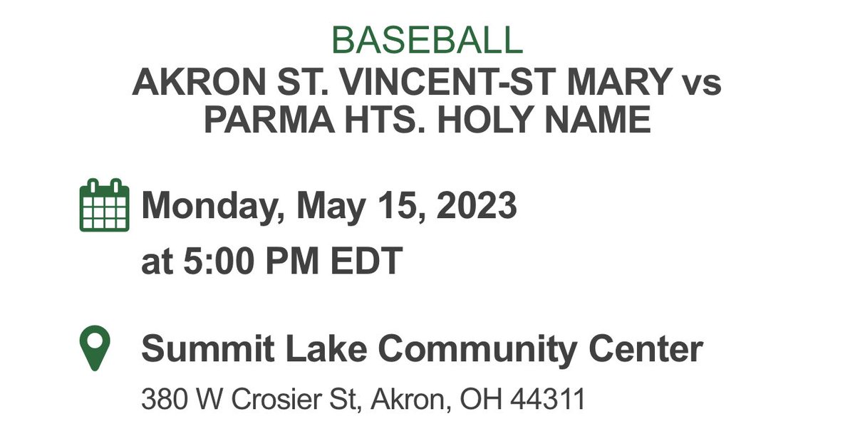 STVMBaseball's tweet photo. ￼STVM baseball vs Holy Name

All tickets must be purchased through the OHSAA tickets website below. To locate the tickets, please select Division II, region 5, Twinsburg
https://t.co/RJE09Yk0cH https://t.co/elXFRKU8JF