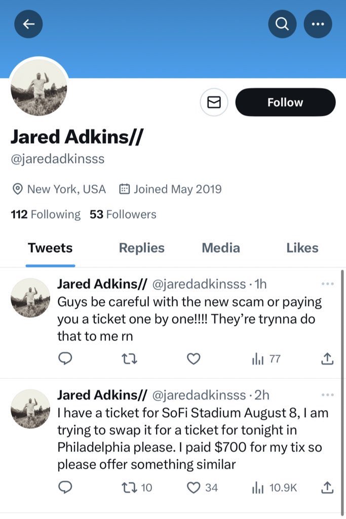 HS22101's tweet photo. @jaredadkinsss 

I’m hearing that this person is scamming people for Taylor Swift tickets in LA on 8/8! Do NOT respond to this person if they reach out to you!

@ErasTourResell @erastourticks @erastourticks13 

#ErasTourPhiladelphia #TSErasTourPhilly #TSErasTour https://t.co/EPWLCvcXDV