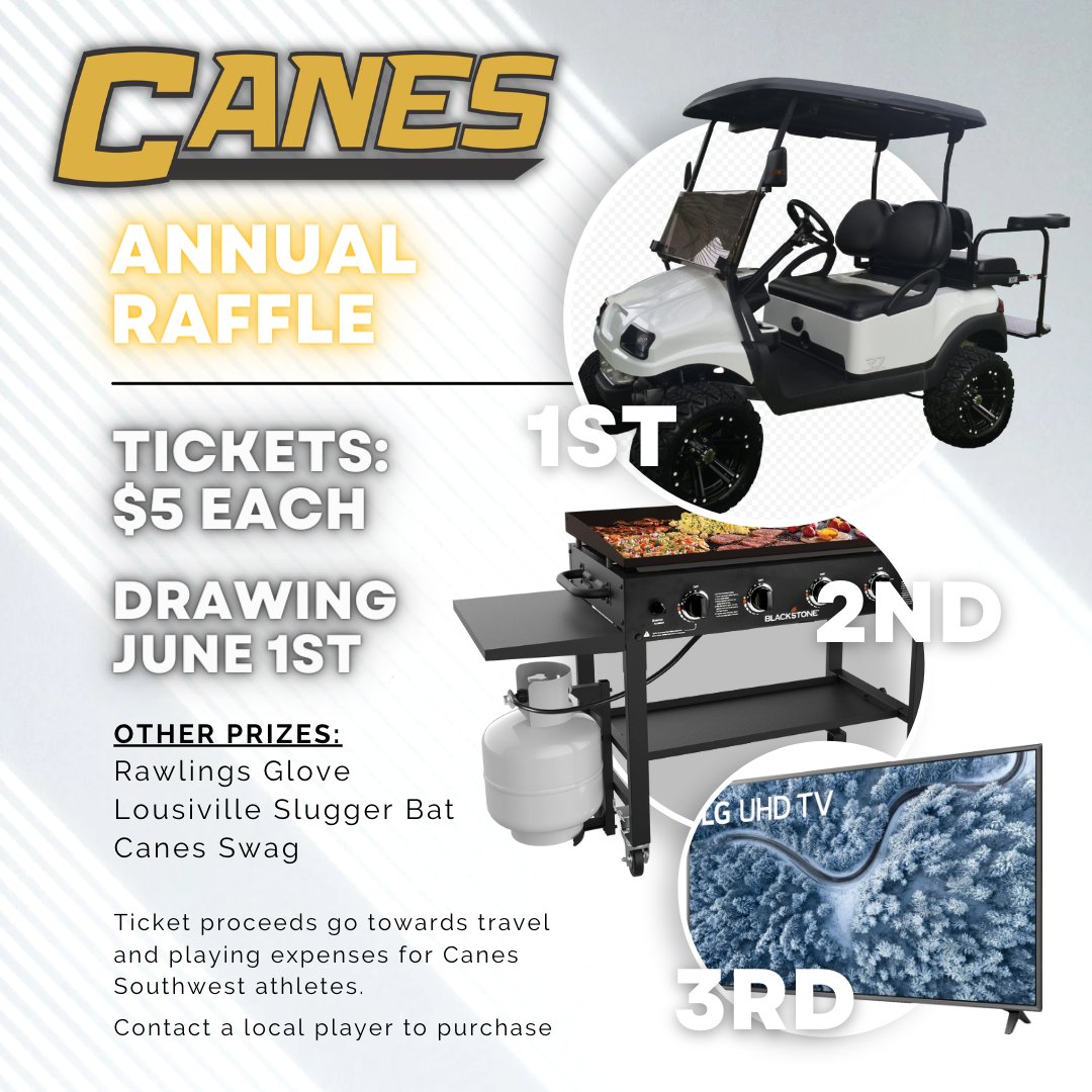 suzerphillips's tweet photo. We are doing a fundraiser for Jackson to play baseball in Branson, June 22-29th, raffle tickets are $5 per ticket and there are some great prizes including a golf cart, Blackstone Griddle, LG TV, and more All proceeds will go DIRECTLY to Jackson Venmo- @canesSWPremier-04 https://t.co/7cv4xylH5j