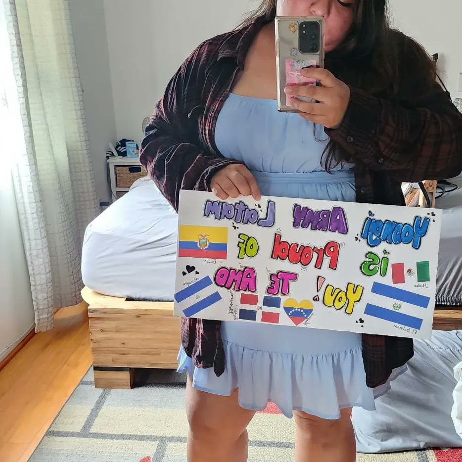 NellyBenzan's tweet photo. "π Hey @BTS_MYG_twt! π΅π€ As an ARMY fan, I can't express how excited I am to watch your concert live today! I've poured my heart into making this beautiful poster, and I wanted to share it with you. π¨π I included flags of #LatinArmy #AgustD #BTS #Lookatmysign @VanessaArdon2 https://t.co/0KS5bLP9kH