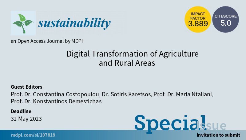 Sus_MDPI's tweet photo. #SpecialIssue
"Digital Transformation of Agriculture and Rural Areas" welcomes submission
by Prof. Dr. Constantina Costopoulou, et al.
#digitaltransformation #agriculture #ruralcommunities #smartmobiledevices
https://t.co/VNlvPctKcg https://t.co/GjIsJIfrBw