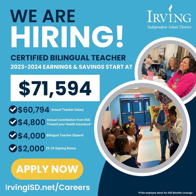 Thinking about joining #myIrvingISD? Vacancies can be viewed at irvingisd.net/careers.
#specialeducation #bilingualeducation #irvingtx #education #jobs #nowhiring
