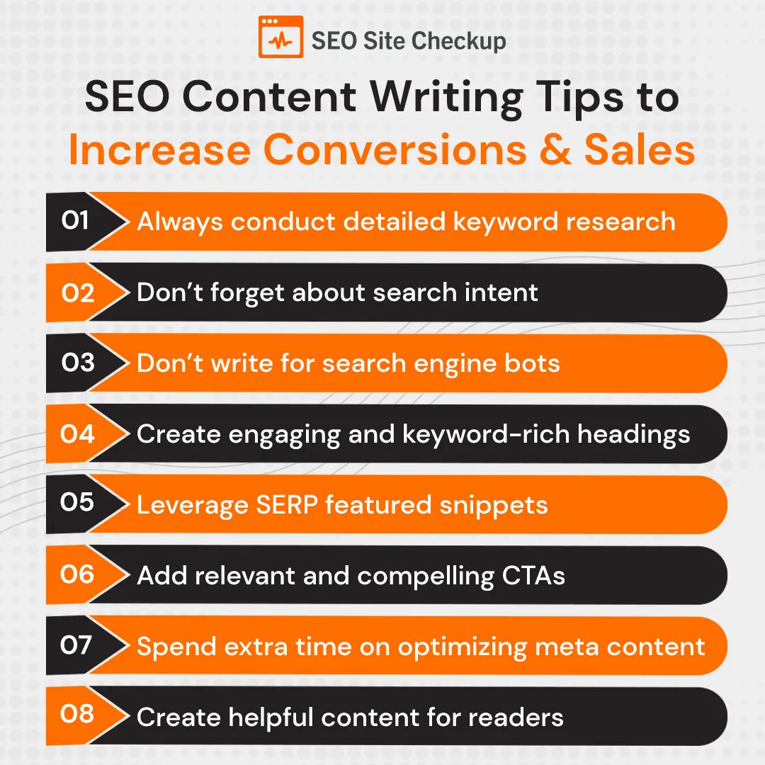 Here are eight #SEO #contentwritingtips that can help you increase #conversions and #sales.

Explore more: buff.ly/3X4wWcl

#seotips #seohacks #seositecheckup #website #optimization #seo #onlinemarketing #success #seotools #digitalmarketing #digitalmarketingtips #website