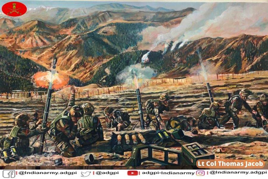 "Rugged Mountain Slopes swept by raging fireballs,
Colouring the skies as the bugle calls,
The enemy in chaos hides with heads down,
The roar of the Mortar round echoes around."

The thoughts given life of colours by brush strokes of Lt Col Thomas Jacob 

#MondayMotivation